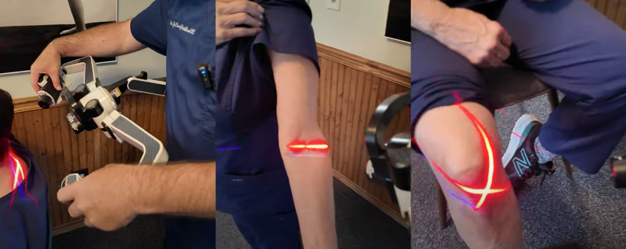 A collage of a person with a red laser light on various parts of their body