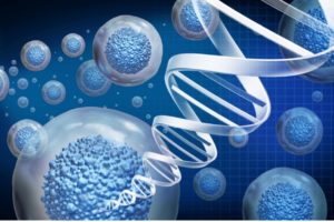 Diagram of cells reproducing and a DNA spiral