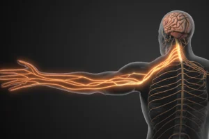 Nerve Decompression Without Surgery: What Are Your Options?, Human nervous system showing brain, spinal cord, and glowing nerves extending to the arm and hand.